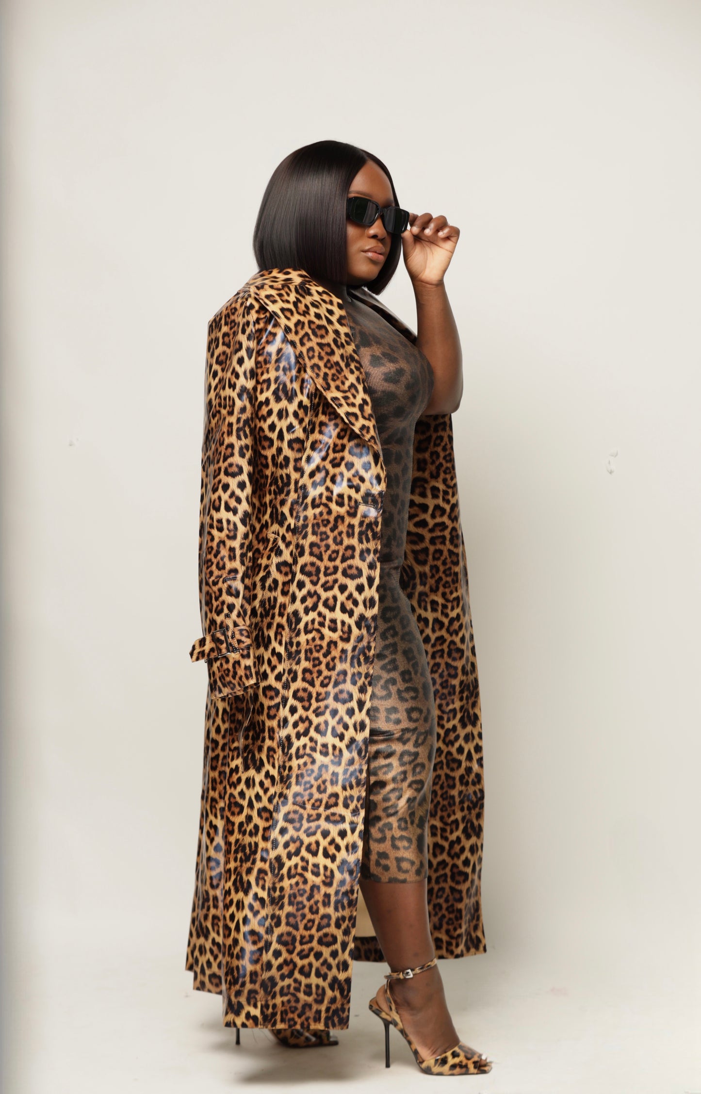 Leopard Print Belted Patent Leather Trench Coat