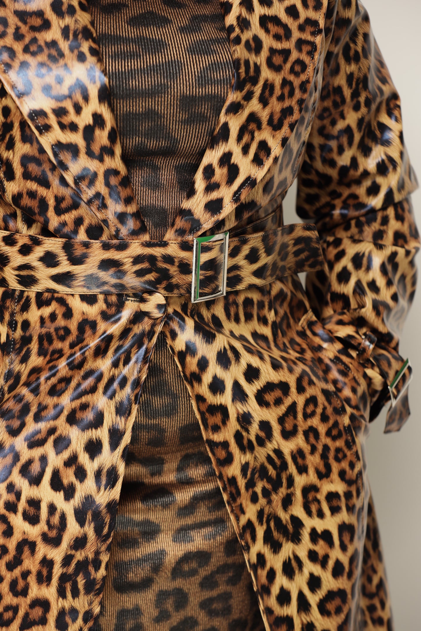Leopard Print Belted Patent Leather Trench Coat
