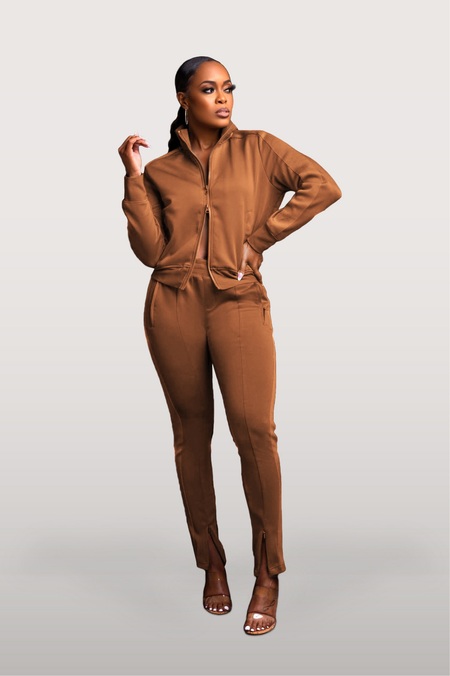 Street Chic Tan Zipper Detail Jogger Pant Set