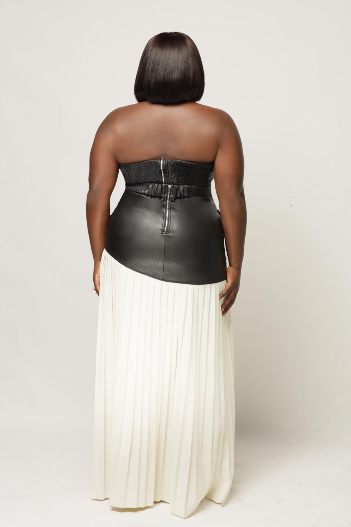 Black Faux Leather Cropped Top and Pleated Skirt Set