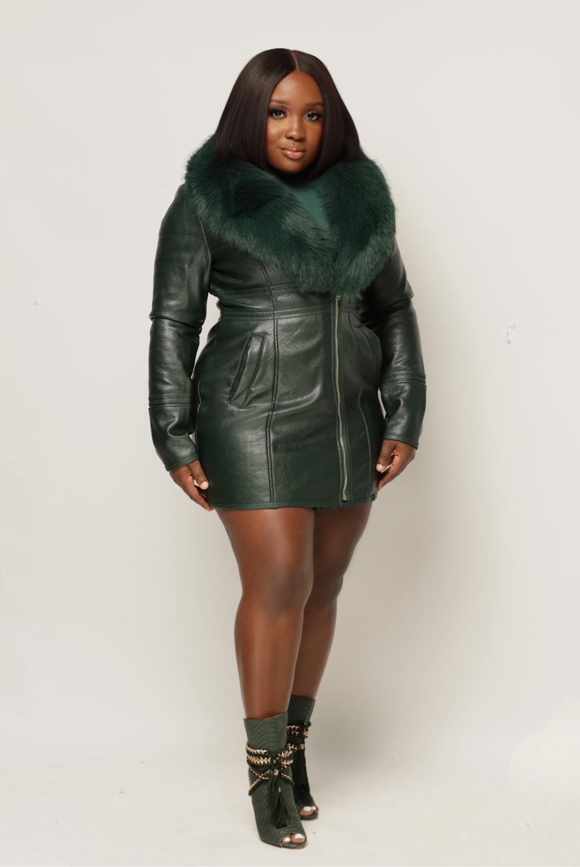 Green Vegan Leather Fur Trimmed Collar Coat