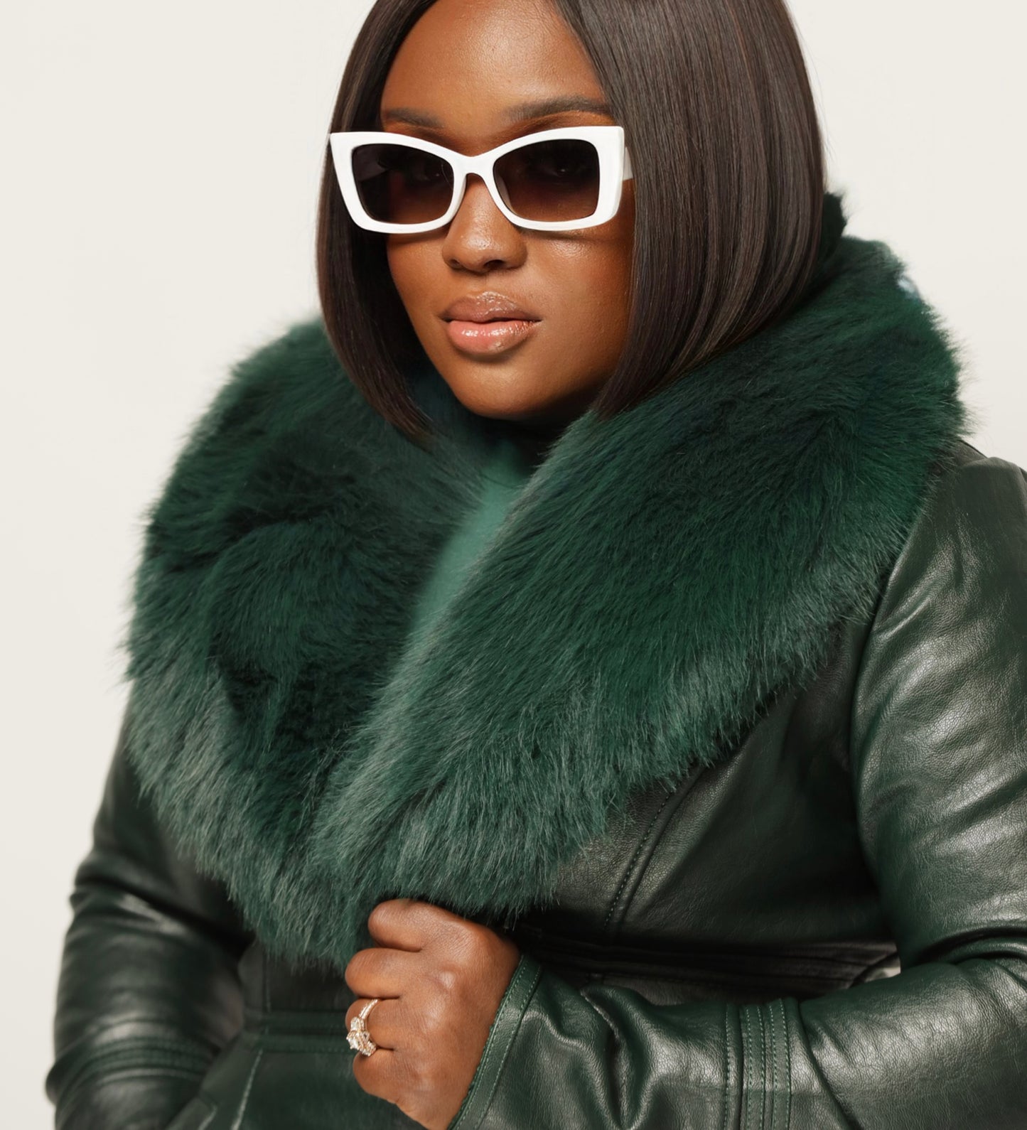 Green Vegan Leather Fur Trimmed Collar Coat