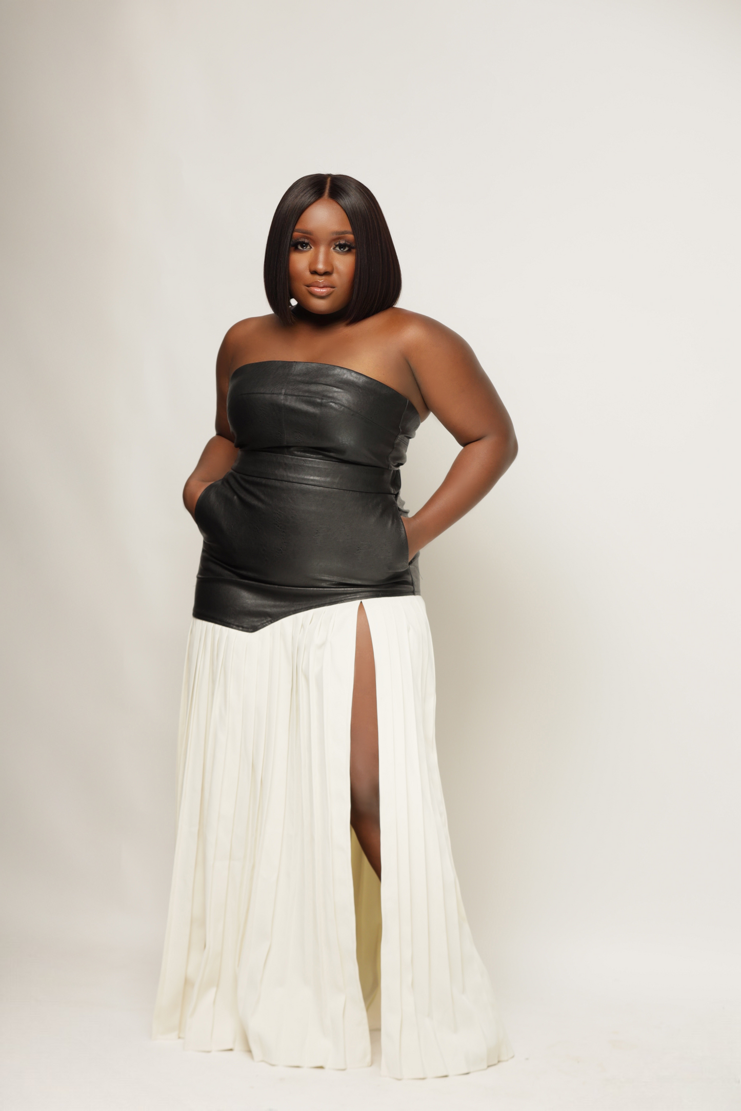 Black Faux Leather Cropped Top and Pleated Skirt Set