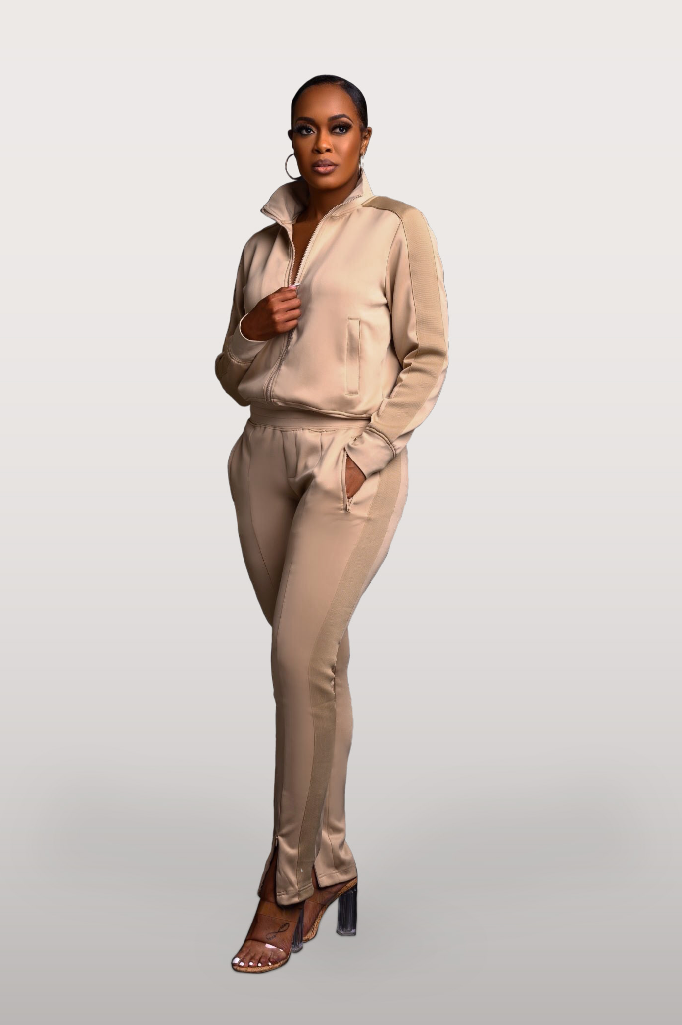 Street Chic Tan Zipper Detail Jogger Pant Set