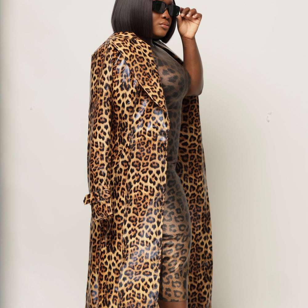 Leopard Print Belted Patent Leather Trench Coat