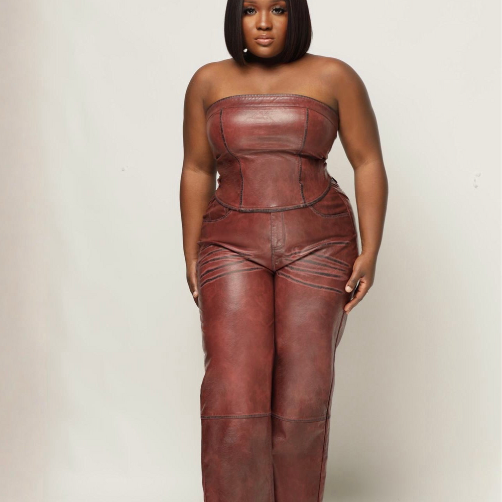Burgundy Faux Leather Corset Pant set