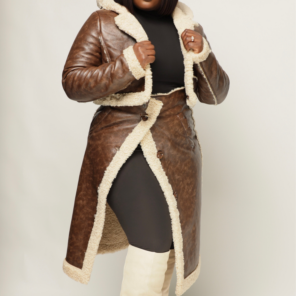 2-Way Faux Leather Shearling Trench Coat