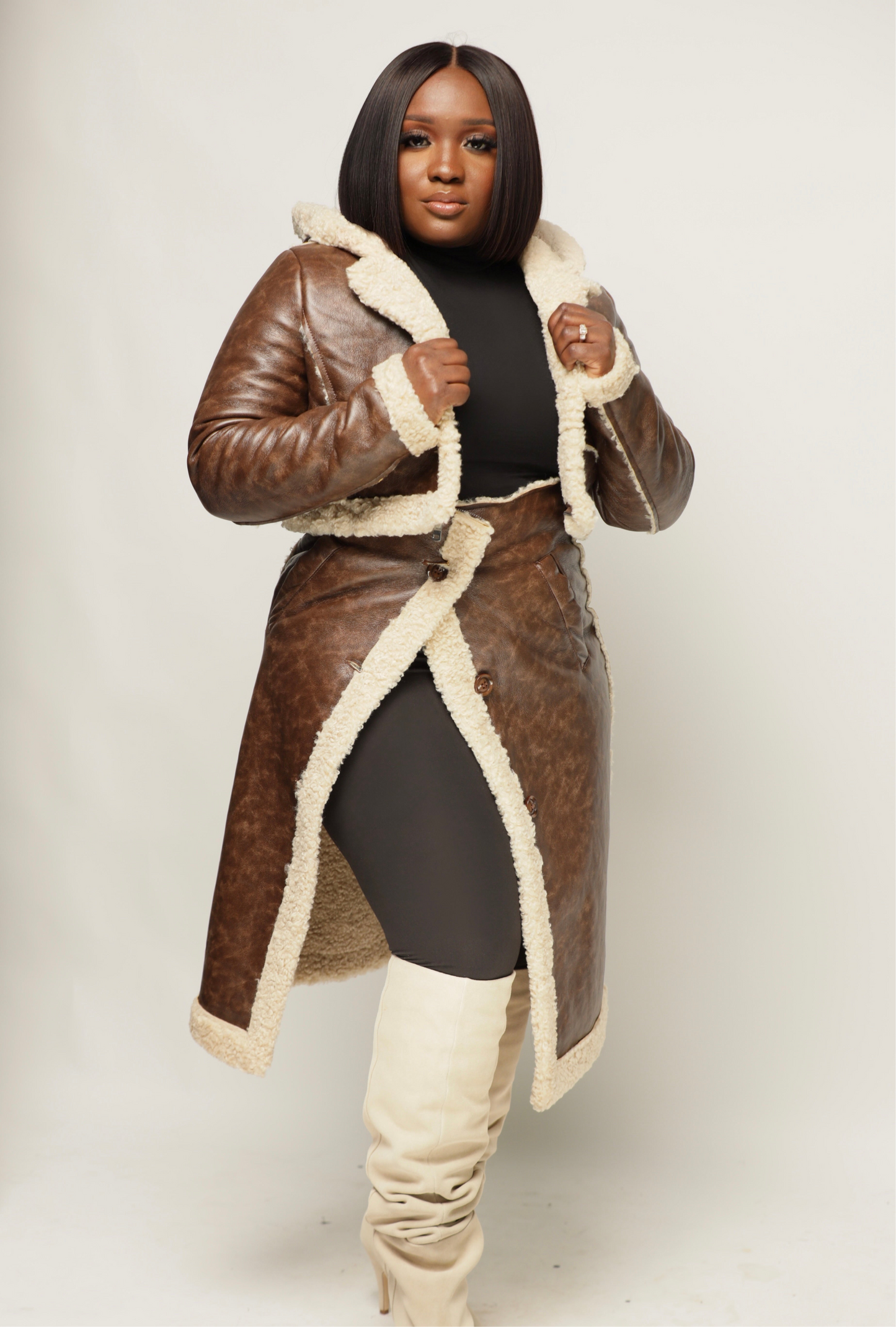 2-Way Faux Leather Shearling Trench Coat