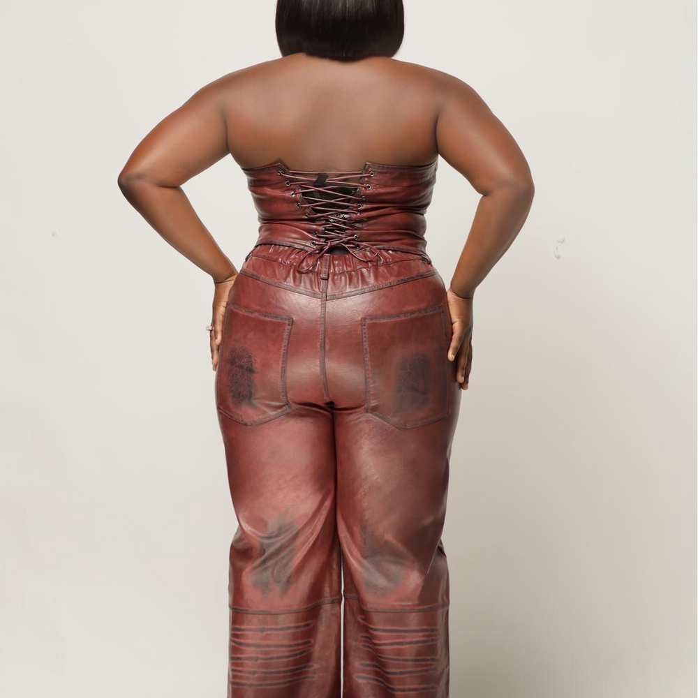Burgundy Faux Leather Corset Pant set