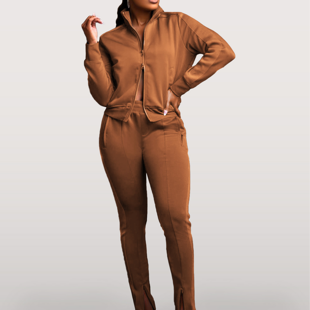 Street Chic Tan Zipper Detail Jogger Pant Set