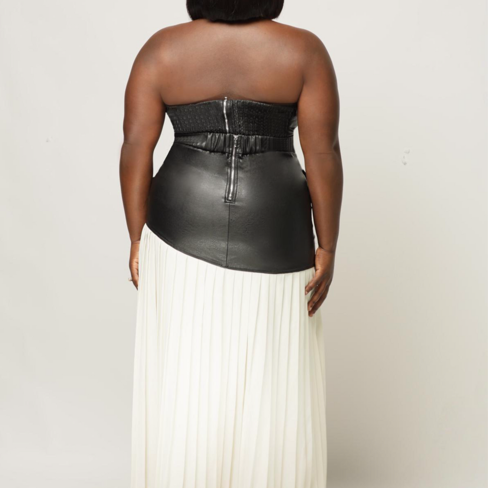 Black Faux Leather Cropped Top and Pleated Skirt Set
