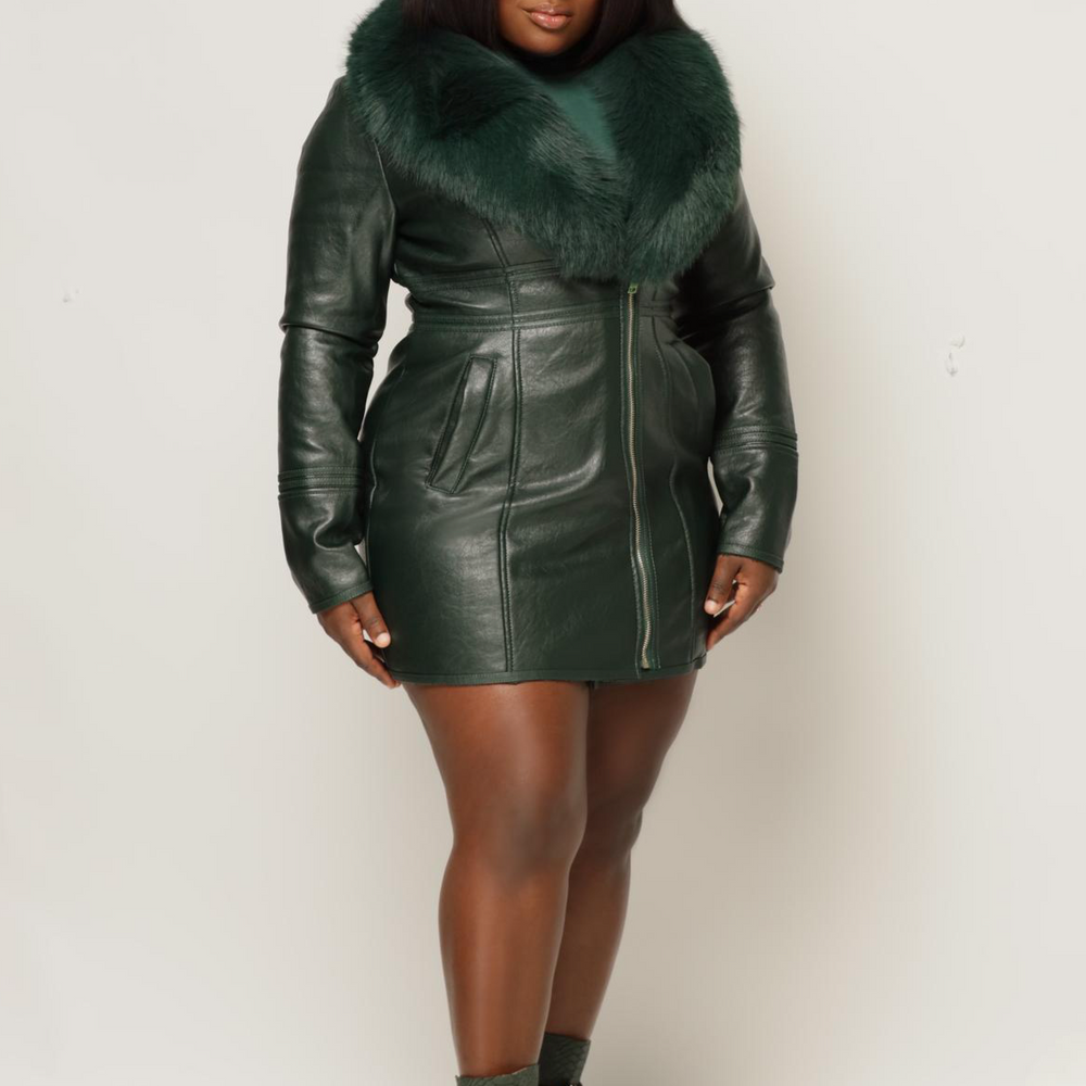 Green Vegan Leather Fur Trimmed Collar Coat