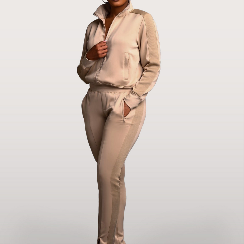 Street Chic Tan Zipper Detail Jogger Pant Set